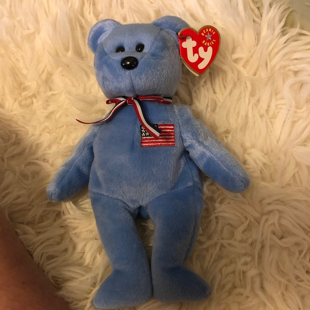 Ty Blue Bear Plush with Red, White & Blue Flag Patch
